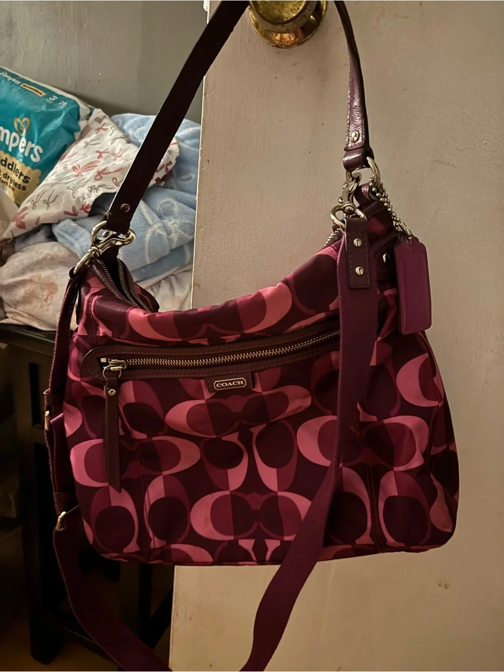 Coach Signature Shoulder Bag in Wine and Pink